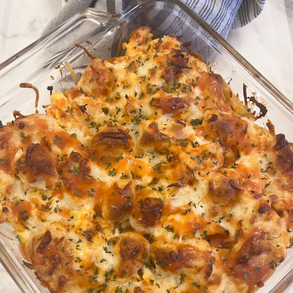 Buffalo Chicken Pull Apart Bread in a glass baking dish