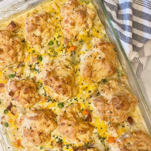 Overhead image of Chicken Pot Pie Casserole in a baking dish
