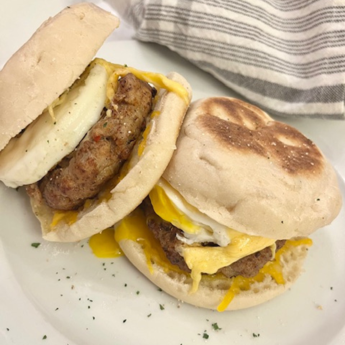 Sausage and Egg Muffin Sandwiches on a white plate