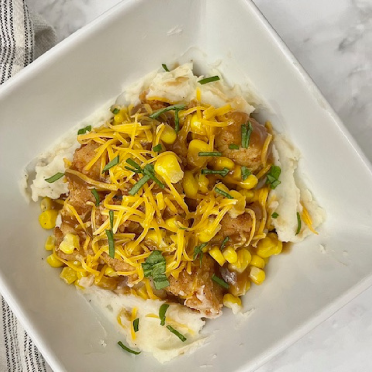 Overhead image of an assembled mashed potato bowl