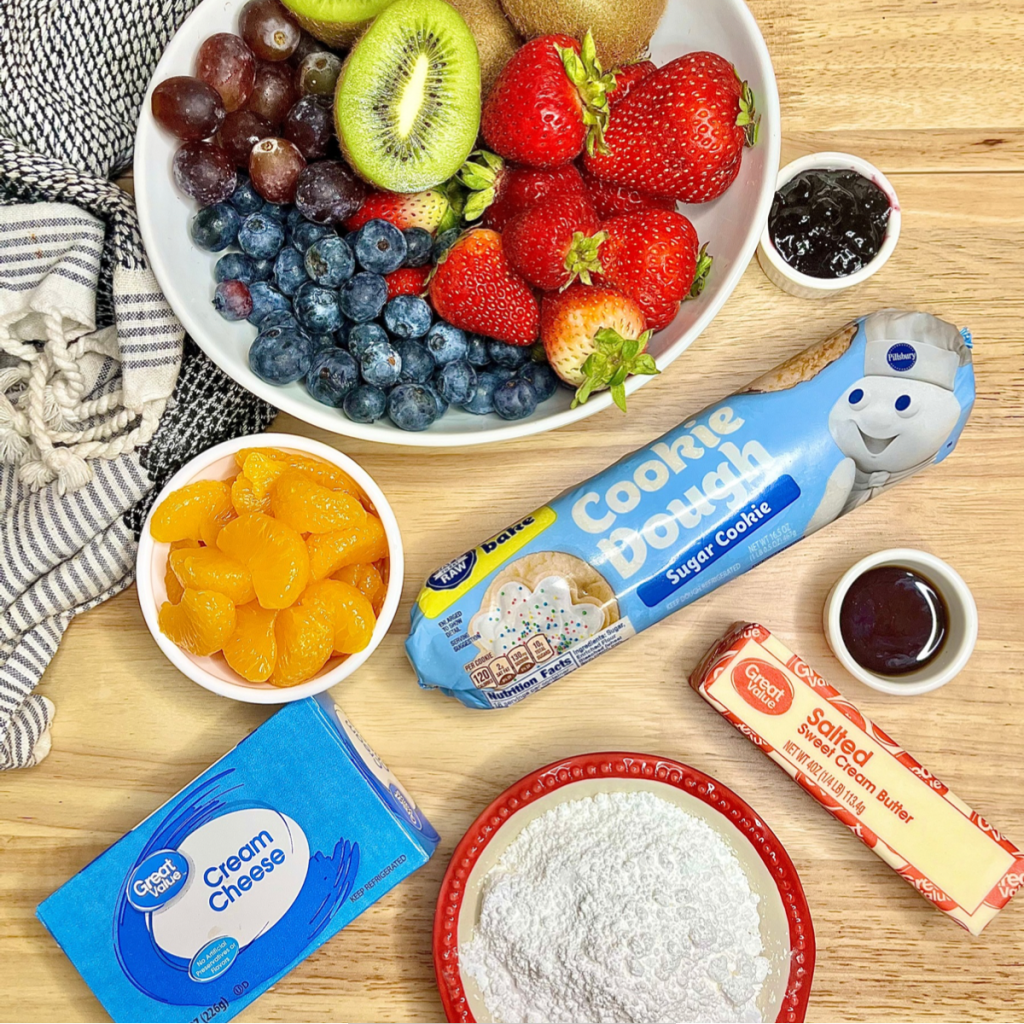 Ingredients needed to make a Sugar Cookie and Fruit Pizza