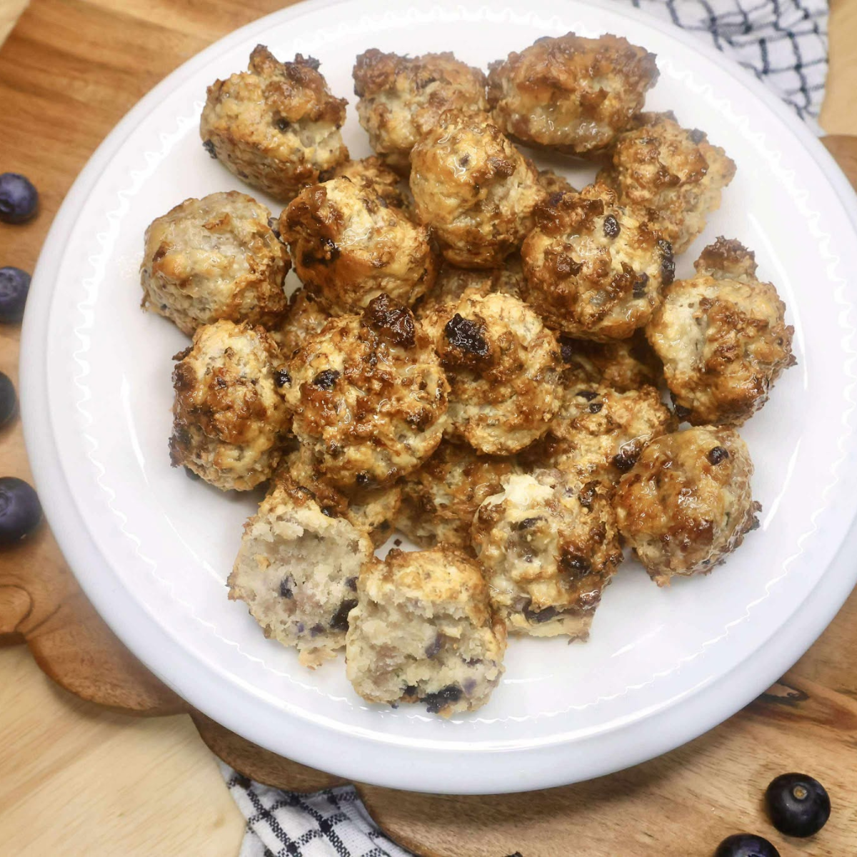 Overhead image of Blueberry Sausage Muffins on a white dish