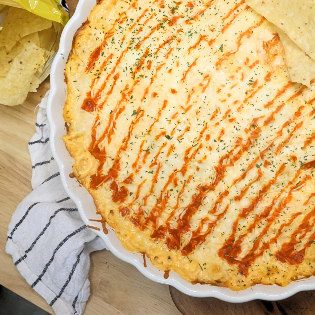 Buffalo Chicken Dip with no ranch and no mayo with chips for dipping