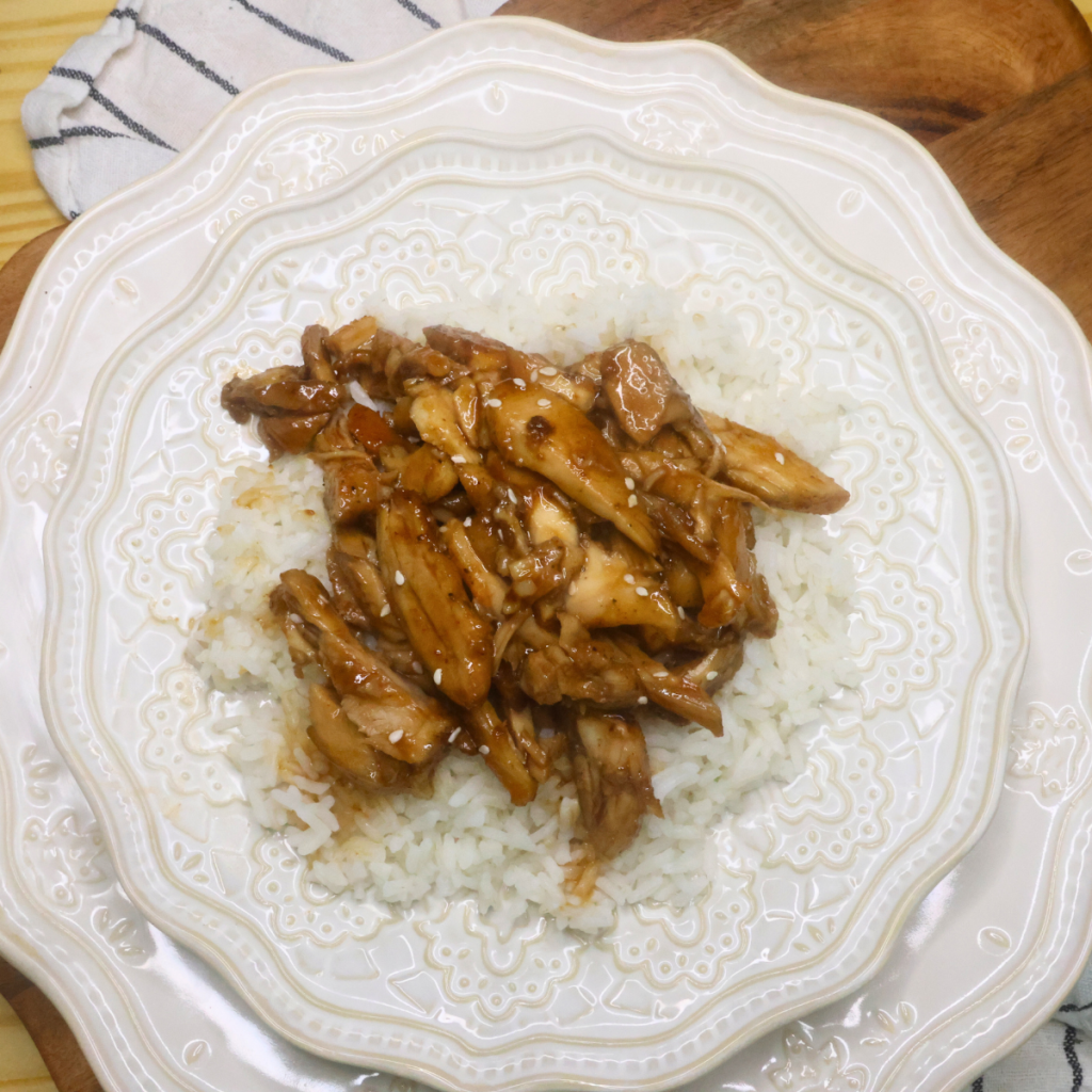 Overhead image of Bourbonless Chicken Thighs on a bed of rice