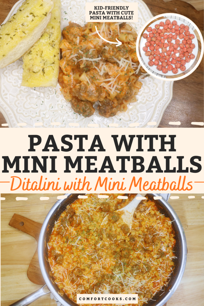 Pasta with mini meatballs Pin with text overlay