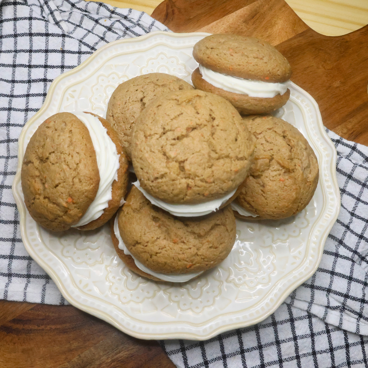 Overhead image of Carrot Cake Sandwich Cookies on plate