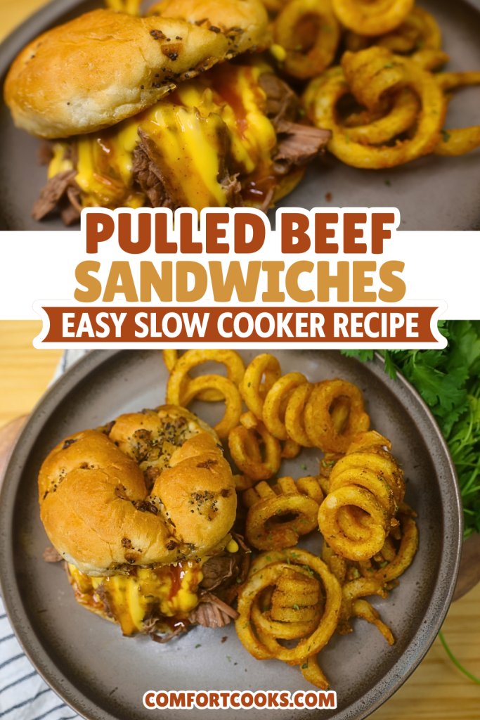 Slow Cooker Pulled Beef Sandwiches Pin with text overlay