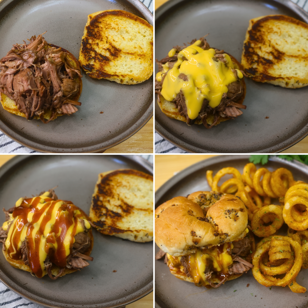 A four part grid showing the assembly of a Slow Cooker Pulled Beef Sandwich